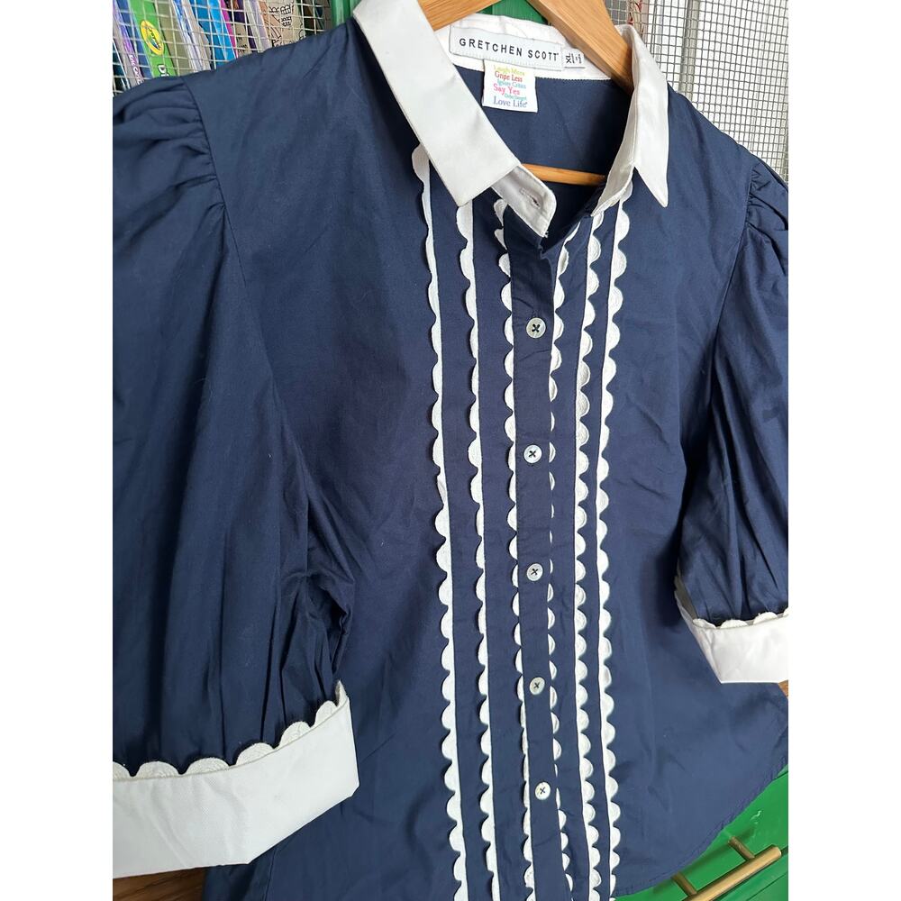 Gretchen Scott Ric Rac Roc Blouse Navy Button-Up Size Extra Large - Picture 3 of 7